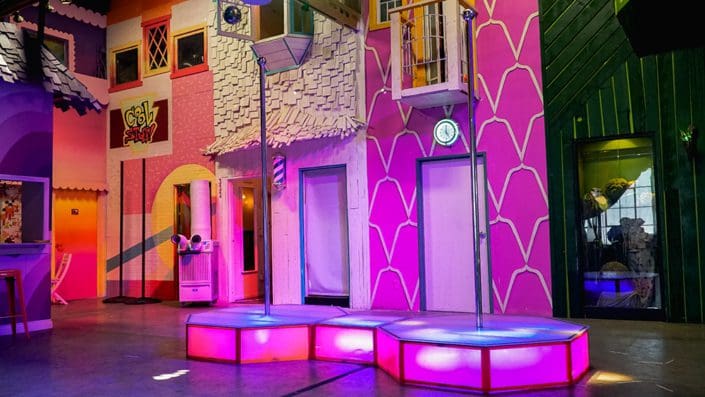 All Star Stages double stripper pole and catwalk CU angle view in Creatington studios 1000px