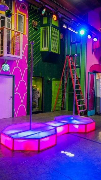 All Star Stages double stripper pole and catwalk angle view in Creatington studios 1000px
