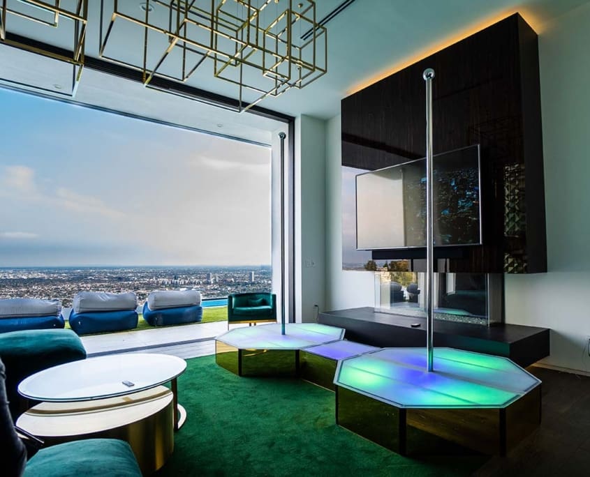 all star stages double portable stage and catwalk and ceiling free dance poles with LA view