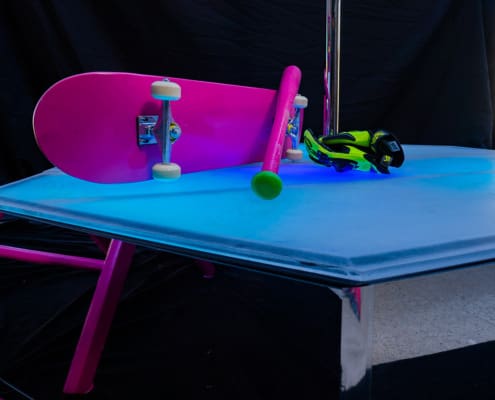 All Star Stages Lyra X Spinner with mirrored silver chrome side kits and-94 All Star Stages Lyra X Spinner with mirrored silver chrome side kits and a pink skateboard and pink bat with green gloves