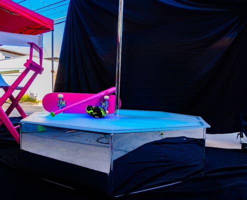 All Star Stages Lyra X Spinner with mirrored silver chrome side kits side shot hot pink director chair baseball bat and neon green gloves 1200px