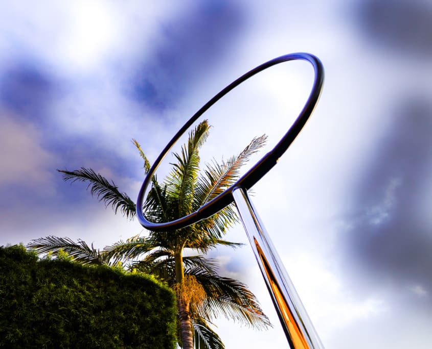 10x10x1 octo acrylic stage with spinning Lyra hoop vertical up with palm tree art shot